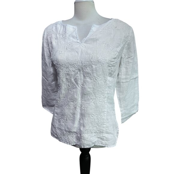 Saint Tropez Floral Embroidered Linen Long Sleeve Blouse Sz Large White 100% Lin - Picture 1 of 9